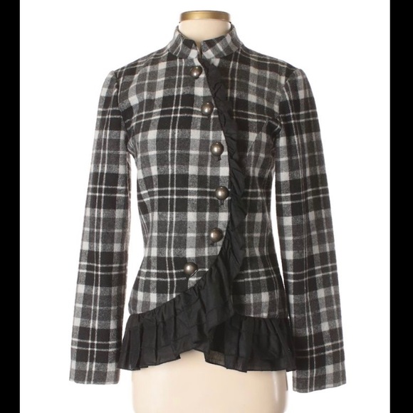 Kensie Jackets & Blazers - Kenzie Black and white plaid jacket with ruffle